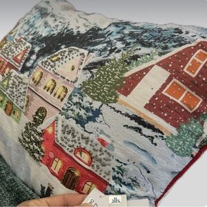 Festive Holiday Pillow with Winter Village Scene
